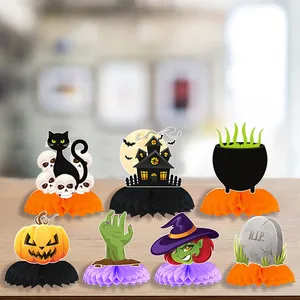 7-piece Halloween honeycomb centerpiece set with pumpkin, black cat, and ghost decor