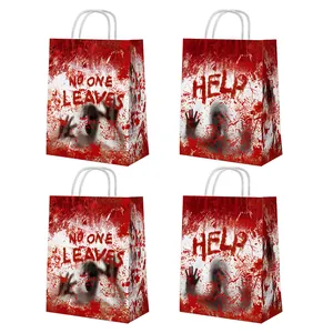 Halloween bloody handprint gift bags with NO ONE LEAVES and HELP scary patterns