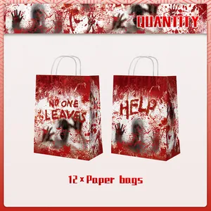 Detail of 12-pack Halloween bloody handprint kraft gift bags with rope handles
