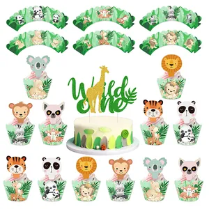 Jungle Animal Theme Party Cake Toppers And Wrappers Set Wild One Birthday Baby Shower Decoration Glitter Paper Decor