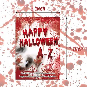 Spooky Halloween alphabet game cards with blood splatter design on 5x7 inch white cardstock