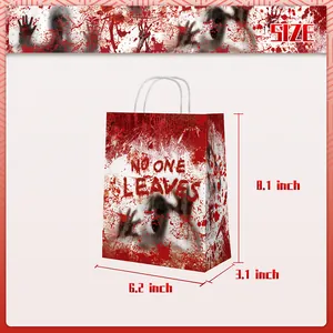 Halloween bloody handprint gift bags set with NO ONE LEAVES text and handles