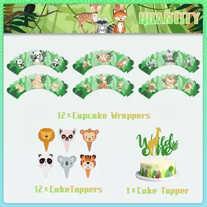 Jungle safari wild one animal cake topper and cupcake wrapper decoration set