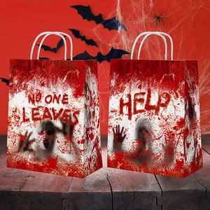 Detailed view of Halloween bloody handprint gift bags with spooky bat and spider background