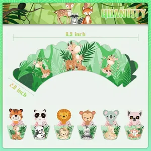 Jungle animal cake wrappers and toppers set with cartoon giraffe and tiger for wild one party