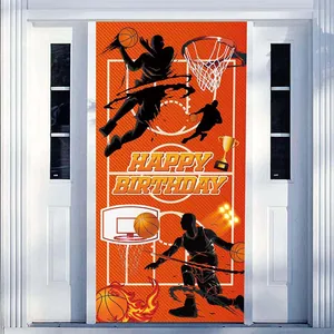 Basketball Happy Birthday Banner Orange Sports Theme Party Backdrop Pongee Door Curtain For Basketball Fans Birthday Party Decorations