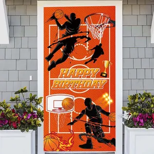 Vibrant basketball birthday door banner with athlete silhouettes and happy birthday text