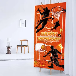 Basketball theme happy birthday backdrop banner with orange sports graphics for party decor
