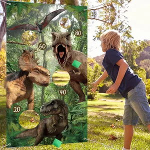 Dinosaur Theme Bean Bag Toss Game For Kids Birthday Party Decoration Outdoor Indoor Fun Activity Satin Banner And Bean Bags