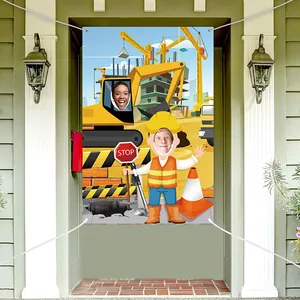Construction Party Photo Backdrop Banner With Face Cutouts For Kids Birthday Party Excavator Crane Theme Decoration Backdrop