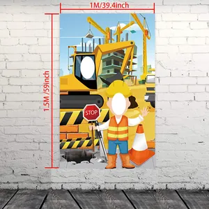 Construction party backdrop banner with photo cutouts featuring yellow excavators