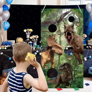 Dinosaur birthday party bean bag toss game banner with realistic dinosaur prints and scoring holes