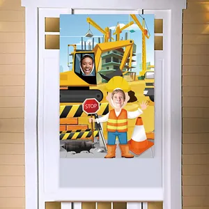 Construction site theme photo prop banner for birthday party with yellow excavators