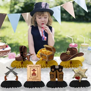 7Pcs Western Cowboy honeycomb centerpieces with Sheriff star, boots and wanted poster