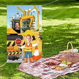 Construction site photo banner with yellow excavator and crane for birthday party decor