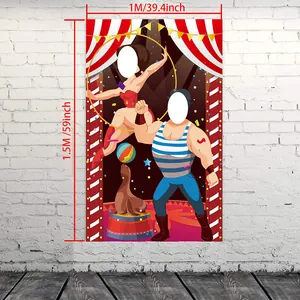 Carnival circus themed photo booth banner with tent and acrobat figures for party decoration