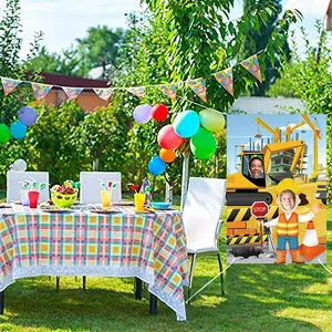 Construction party photo prop banner with excavator and crane for birthday decorations