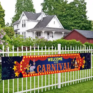 Welcome to the Carnival banner with circus animals on a white garden wooden fence