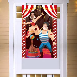 Carnival circus themed photo door banner with red stripes and fun character cutouts