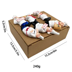 Set of 6 resin chef figurines with Tasty and Welcome signs on a brown packaging box