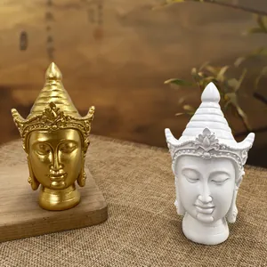 Southeast Asian Thai Style Buddha Head Resin Statue Zen Home Decor Figurine For Living Room Office Gold White Sculpture