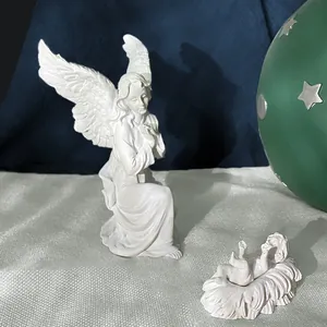 White resin angel figurine and baby Jesus sculpture set for Christmas home decoration