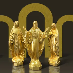 Set di 3 statuette dorate in resina di Gesù e Maria per decorazione domestica