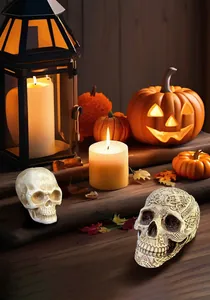 Detail of floral carved skull and realistic skull on wooden table with Halloween lanterns