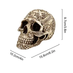 Detailed view of resin skull decor with Celtic floral carvings and precise dimensions