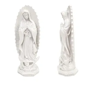 Statua della Vergine di Guadalupe in resina bianca con base angelo, viste frontale e laterale