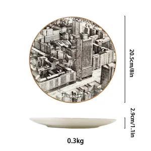 Piatto decorativo in ceramica stile italiano con schizzo di Milano e bordo dorato