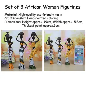 Detailed size view of resin African women figurines with vibrant yellow patterned dresses
