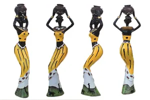 Detailed views of African resin figurine with giraffe patterns and ethnic yellow dress