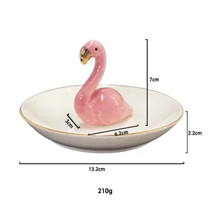 Pink flamingo ceramic jewelry tray with gold rim for rings and necklace storage