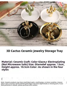Detailed view of 13cm ceramic cactus jewelry trays with gold plating and color glaze