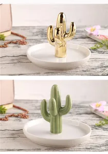 Dual style ceramic cactus jewelry trays in gold and green glaze on white ceramic bases