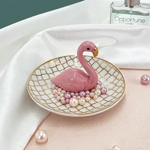 Pink flamingo ceramic jewelry tray with gold checkered plate for ring and necklace storage