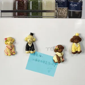 Close-up of cute cartoon poodle resin fridge magnets on a white refrigerator door