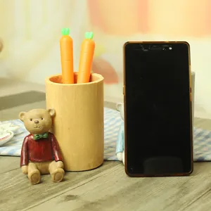 Bamboo shaped resin pen holder set with carrot pens and cute bear desk ornament