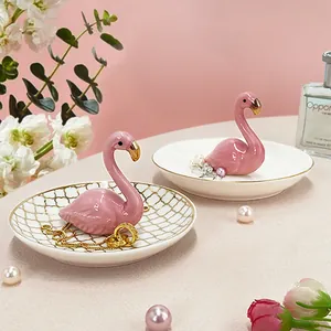 Creative Flamingo Ceramic Jewelry Tray Gold Gilded Pink Flamingo Ring Holder Trinket Dish Decorative Storage Plate For Women