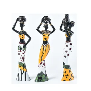 Three-piece resin African women figurines set with traditional tribal dresses and pots