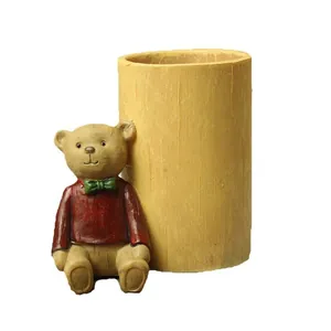 Cartoon teddy bear pencil holder and resin desktop organizer with faux wood texture