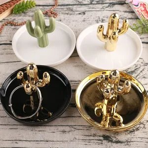 Nordic Ceramic Jewelry Dish Gold Plated Cactus Flamingo Rabbit Shaped Trinket Tray Ring Holder For Earrings Necklace Home Decor