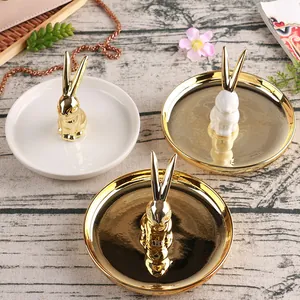Ceramic Rabbit Flamingo Jewelry Storage Tray Nordic Gold Desktop Ring Holder Decorative Plate Jewelry Organizer Home Decor