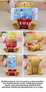 Multi-angle views of a cute resin teddy bear phone stand with I Love You heart detail