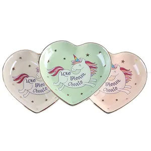 Set of 3 heart-shaped ceramic jewelry trays with rainbow unicorn and gold rim finish