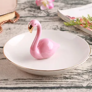 Ceramic flamingo jewelry tray with gold trim for rings and earrings storage