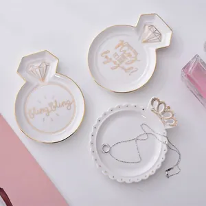 Nordic ceramic jewelry dish set with gold rim crown and diamond ring shape designs