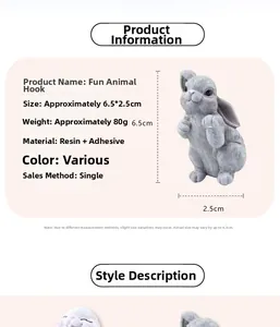 Detailed specs of grey rabbit resin hook showing 6.5x2.5cm size and adhesive back