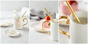Detail of luxury white ceramic mug with gold plated handle and diamond ring pattern